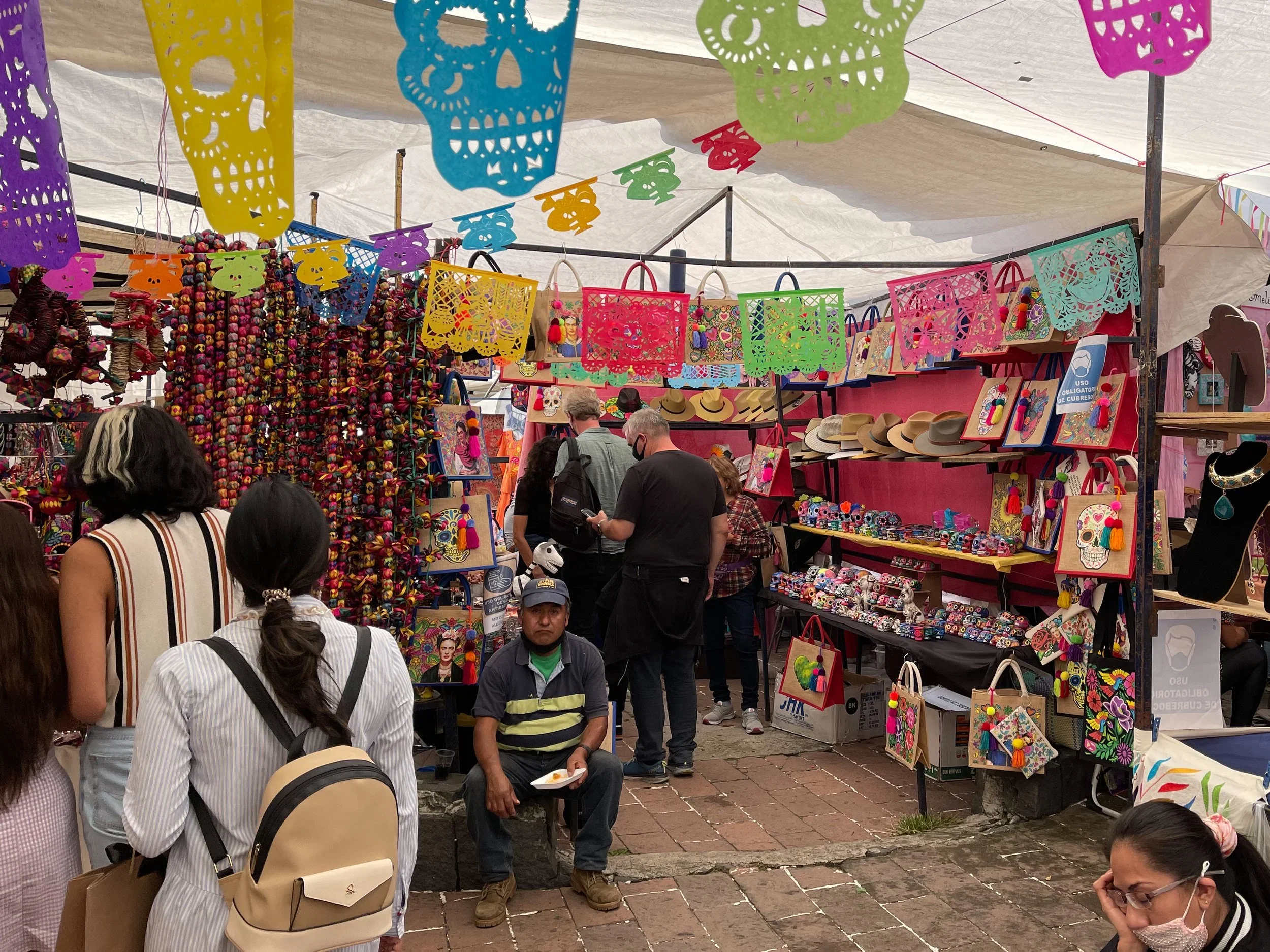 Paper skulls hang by craft vendors at the Bazar Sábado in San Angel, Mexico City