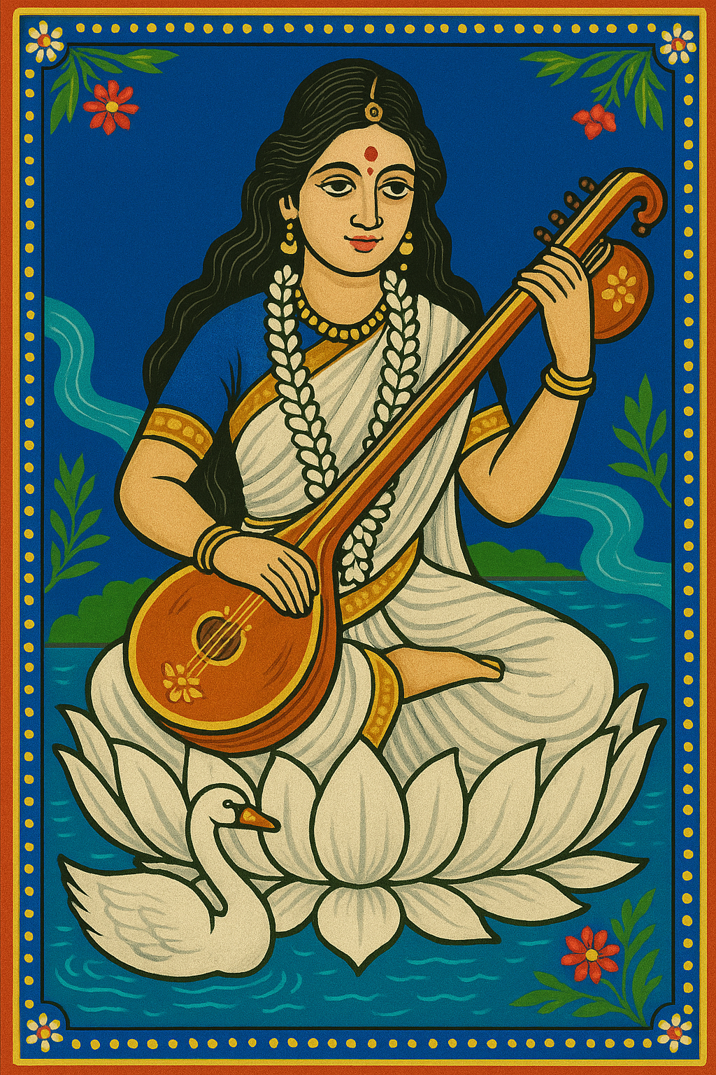 Saraswati plays her lute while sitting on a large white lotus in the water, as a swan swims by