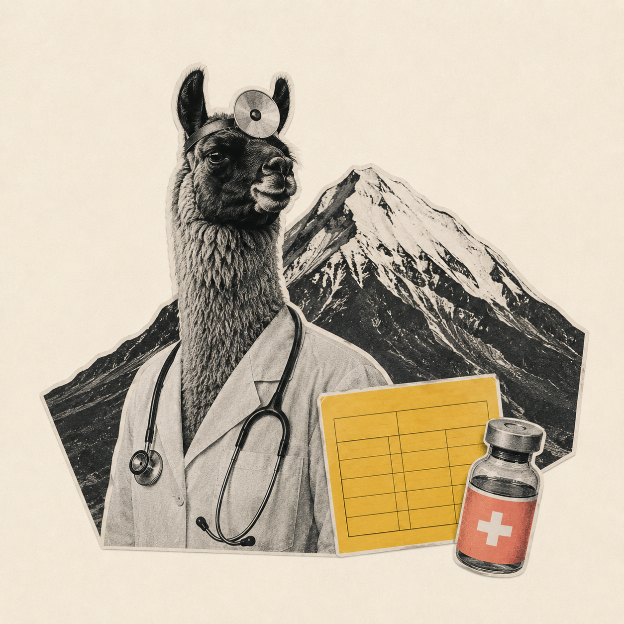Vintage collage of a llama dressed as a doctor, with a mountain, vaccination card and vaccine