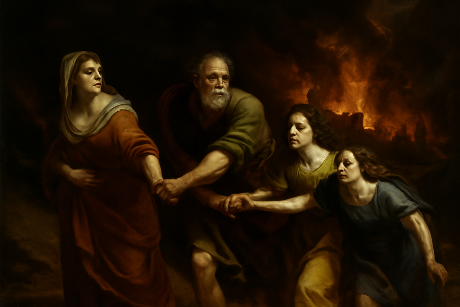 Lot, his wife, and their two daughters flee Sodom, which burns behind them
