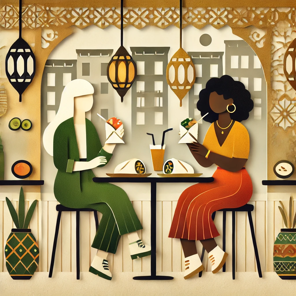 Two women sit at a table in a Middle Eastern cafe, eating falafal wraps and other items