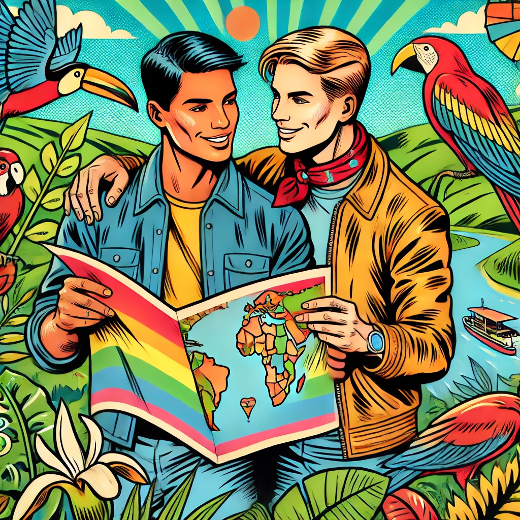 A gay couple hold up a map with tropical birds around them as they plan an Amazon adventure