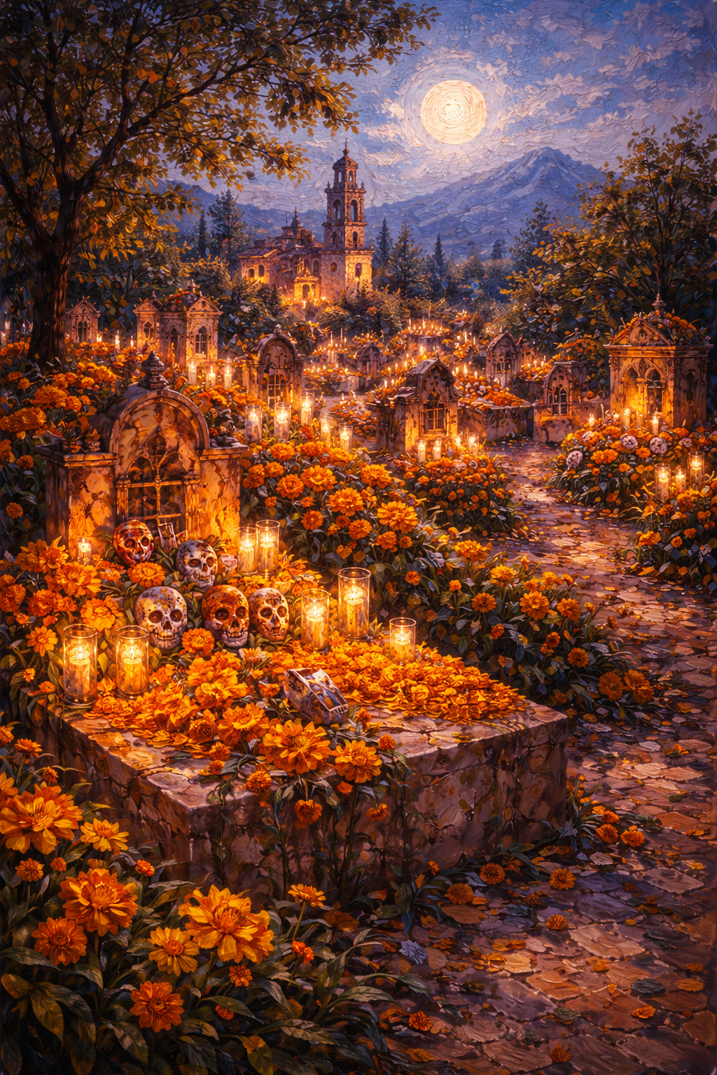 A Mexican cemetery at Dia de los Muertos, with candy skulls, candles and marigolds covering the graves and pathways, with a church in the background