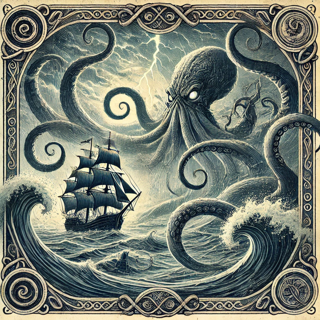 A kraken, a giant octopuslike monster raises its tentacles menacingly above a tall ship during a storm