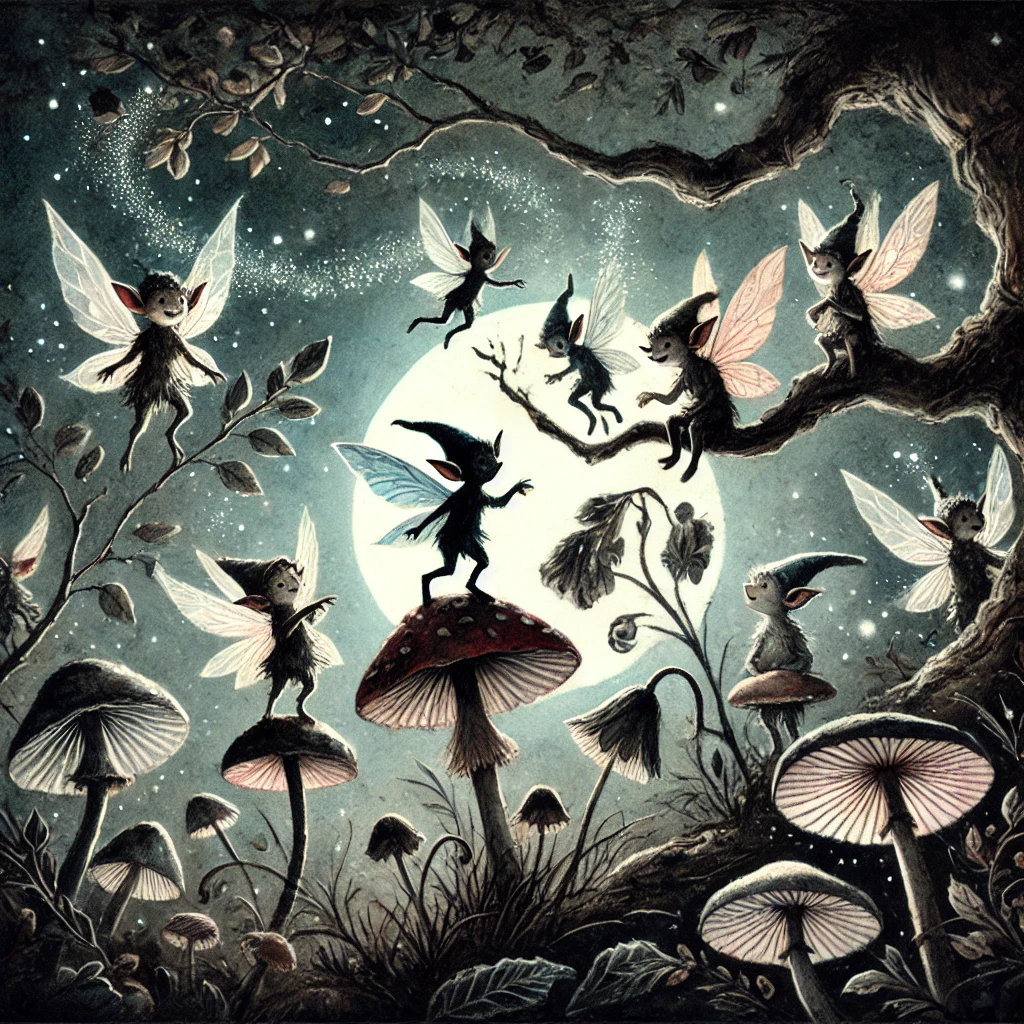 Pixies fly merrily by mushrooms and trees on a night with a full moon
