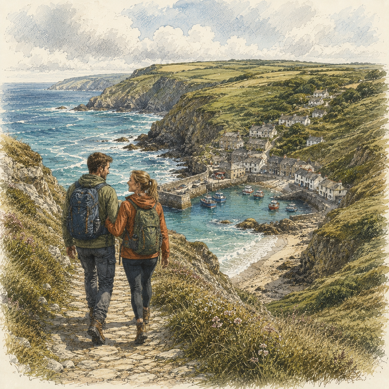 A straight couple walk along South West Coast Path, with a seaside village down the hill