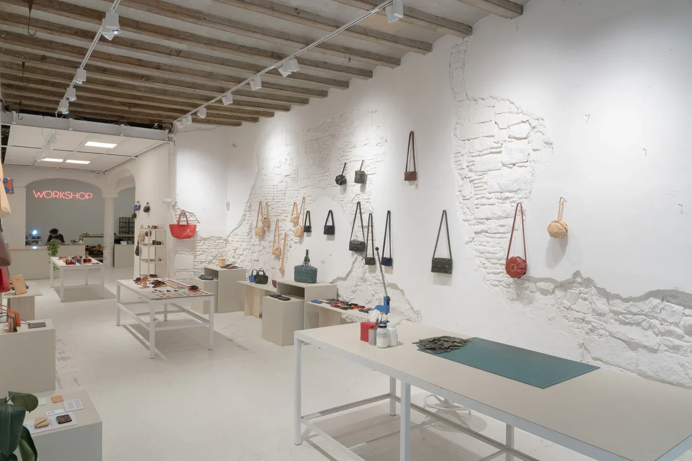 The Atelier Madre showroom with leather purses and other items in Barcelona, Spain