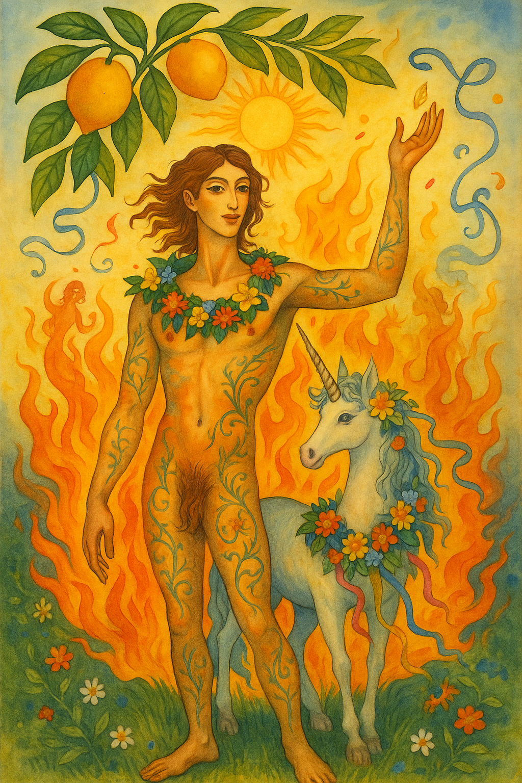 A naked man with floral tattoos and long pubic hair stands under a lemon tree, his arm raised, next to a small unicorn, both of them wearing floral garlands around their necks, standing in flames