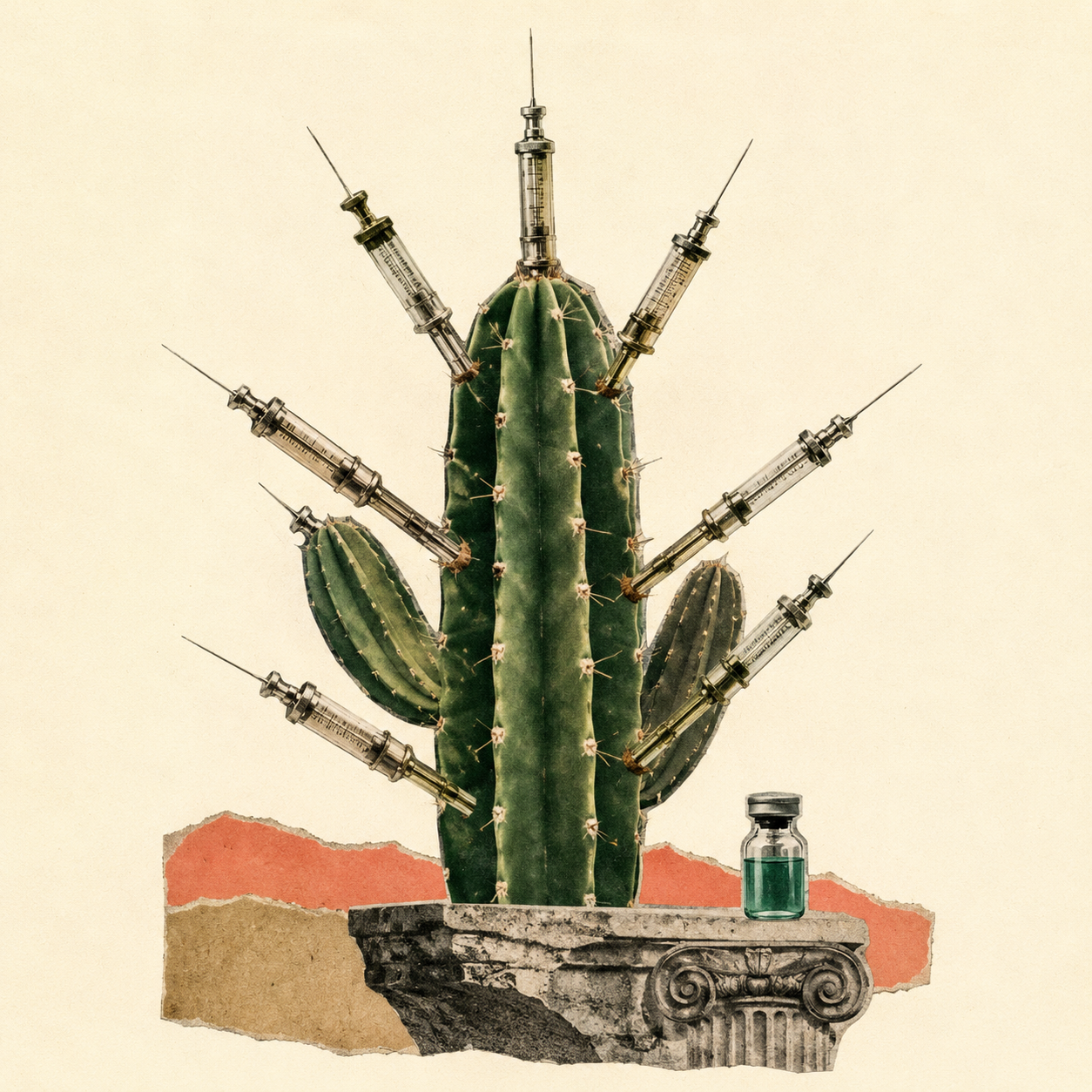 Cactus with spikes made of medical shots, on a column with a vial of vaccine