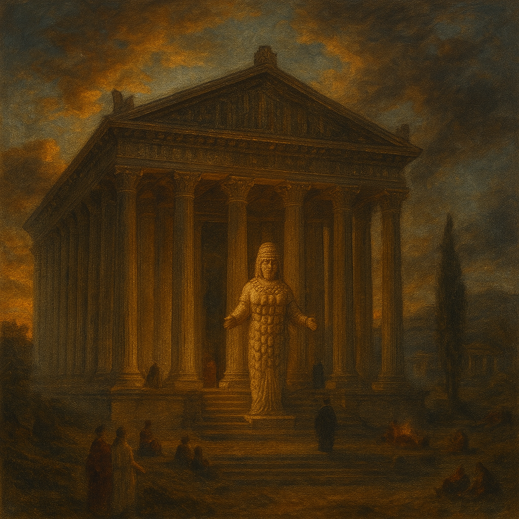 A multi-breasted statue of Artemis stands in front of her Temple at Ephesus, a Wonder of the Ancient World