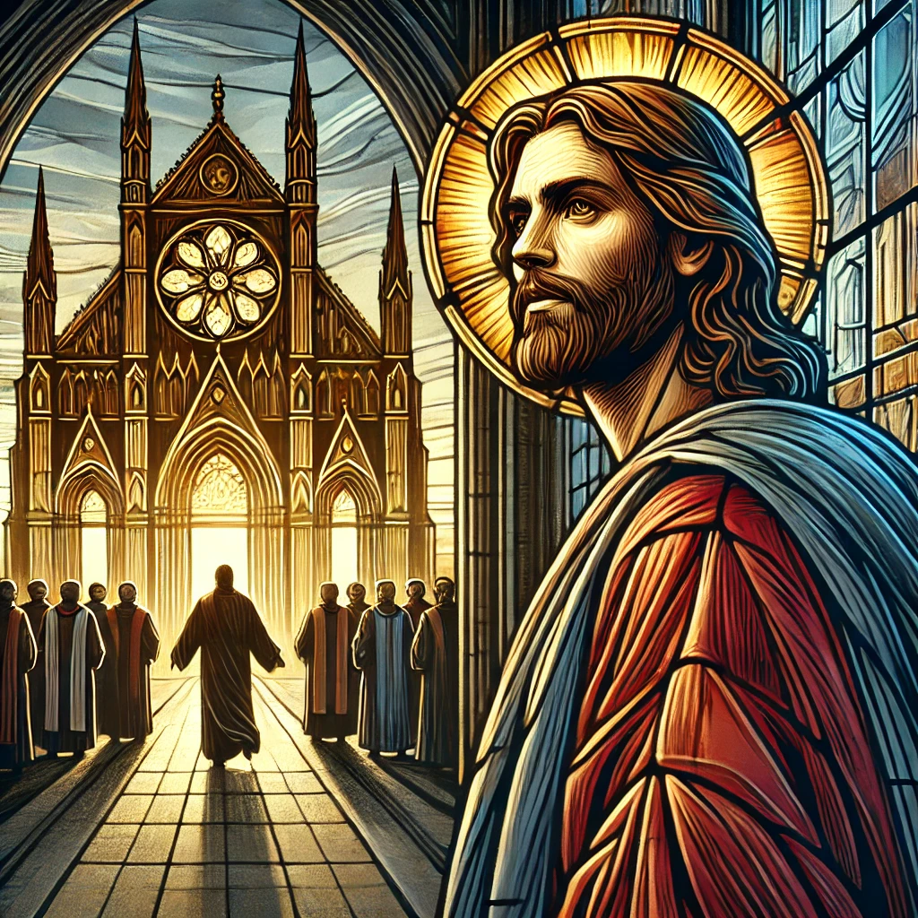 Stained glass style illustration of Jesus in front of a church with clergymen