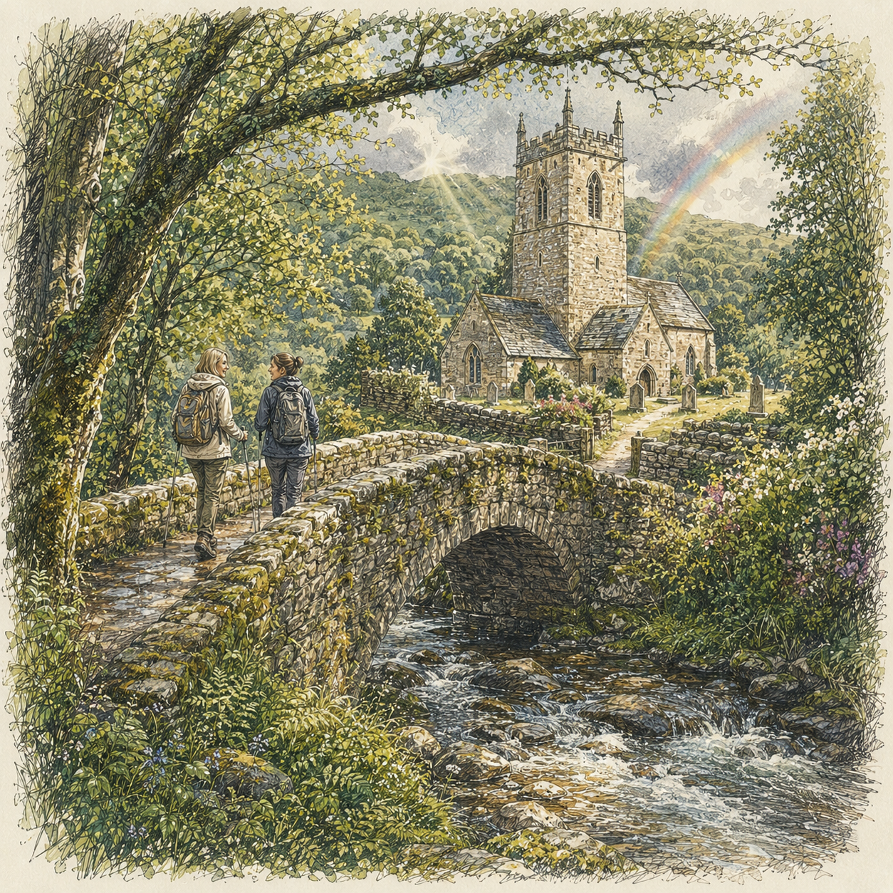Two women walk across an old stone bridge by a church with a rainbow in the sky in a charming UK landscape