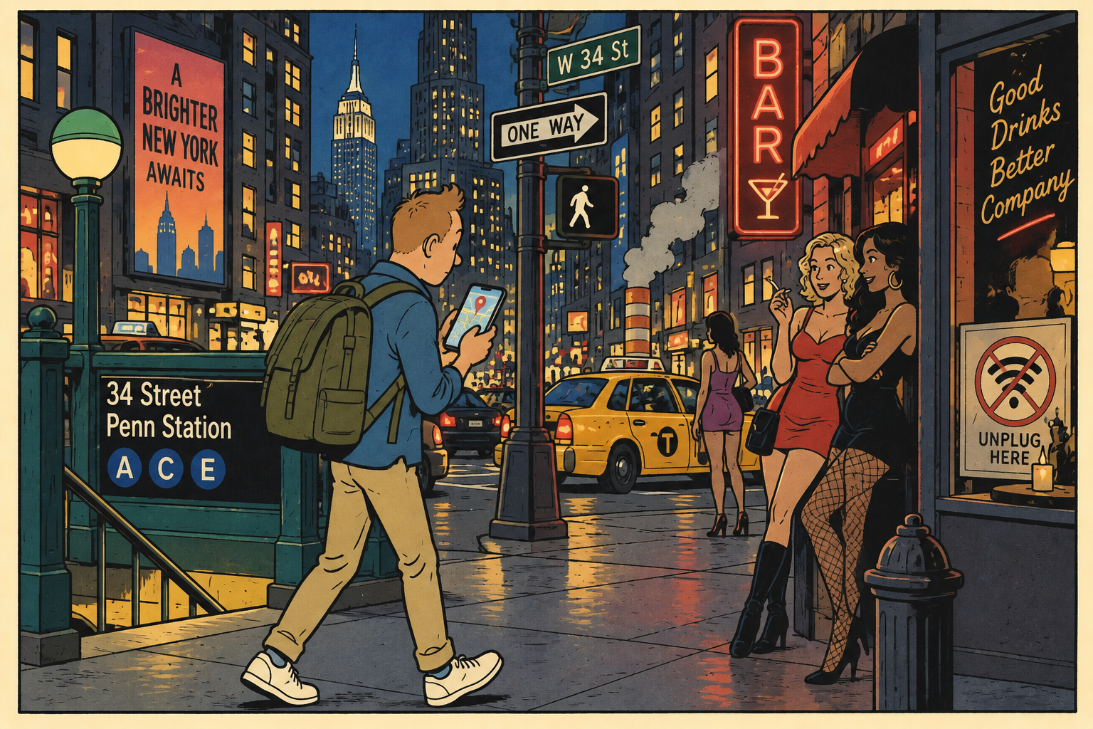 A man looks at his map app on his phone while walking through a busy nightlife area in NYC, past two prostitutes