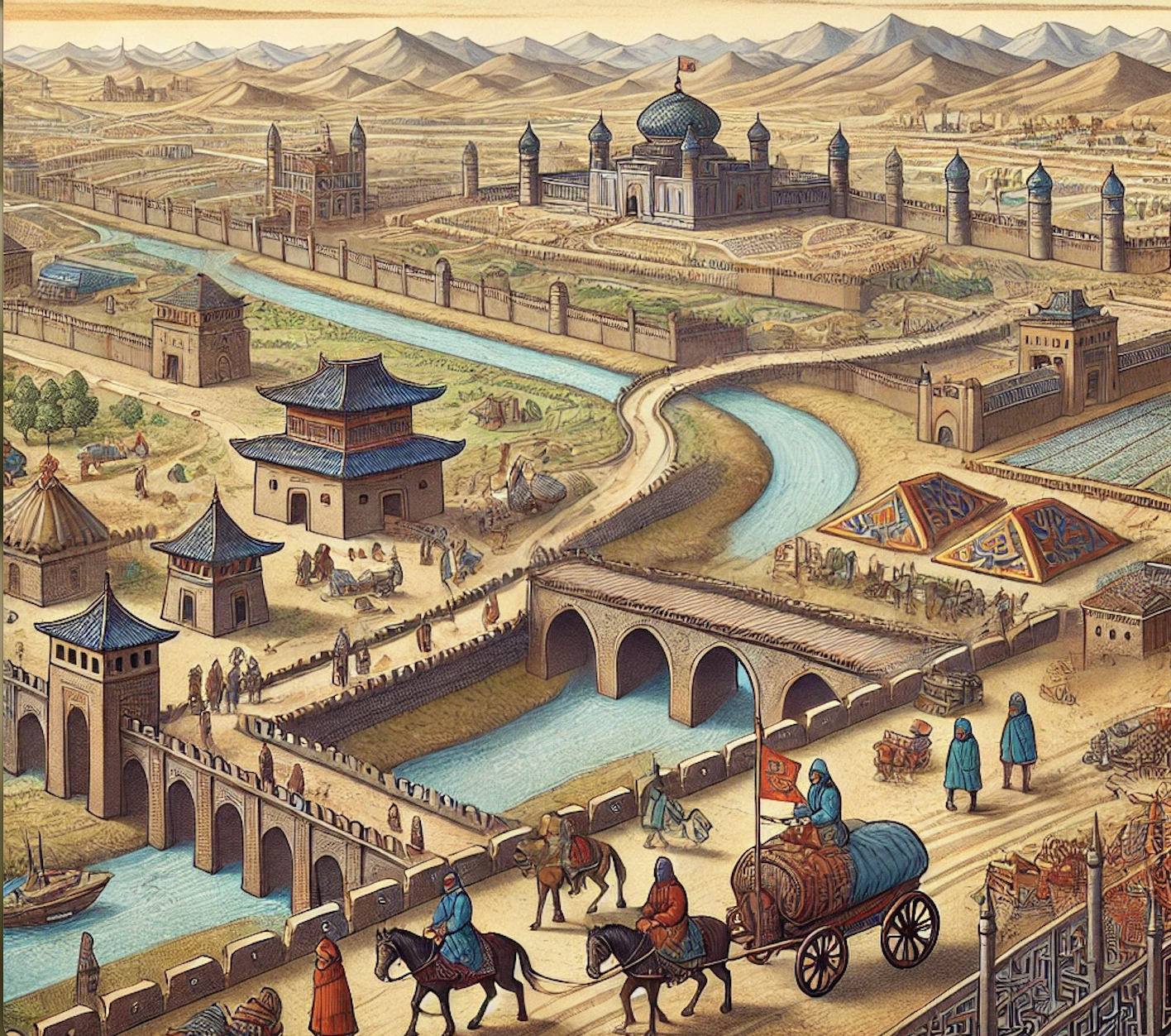 Mongols ride horse-drawn wagons along a road by a river with bridges past cities