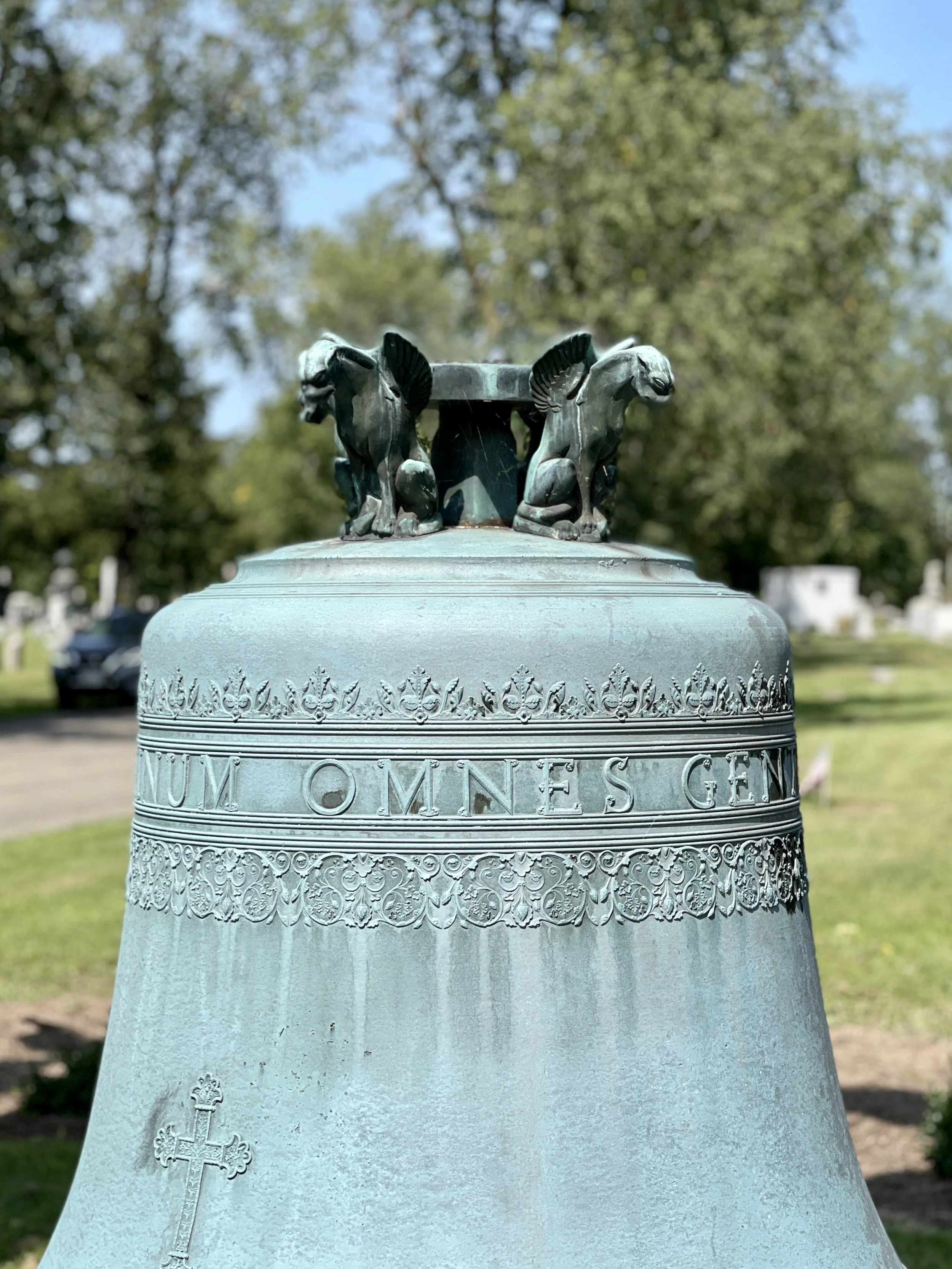 The Oishei Memorial Bell with gargoyles on top at Forest Lawn Cemetery