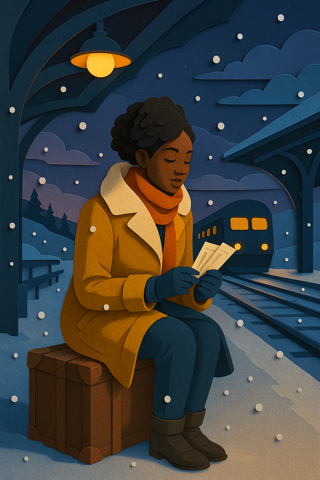 A woman bundled up warmly in a coat, gloves and scarf, holds her tickets as she sits on her travel trunk in the snow as a train approaches the station