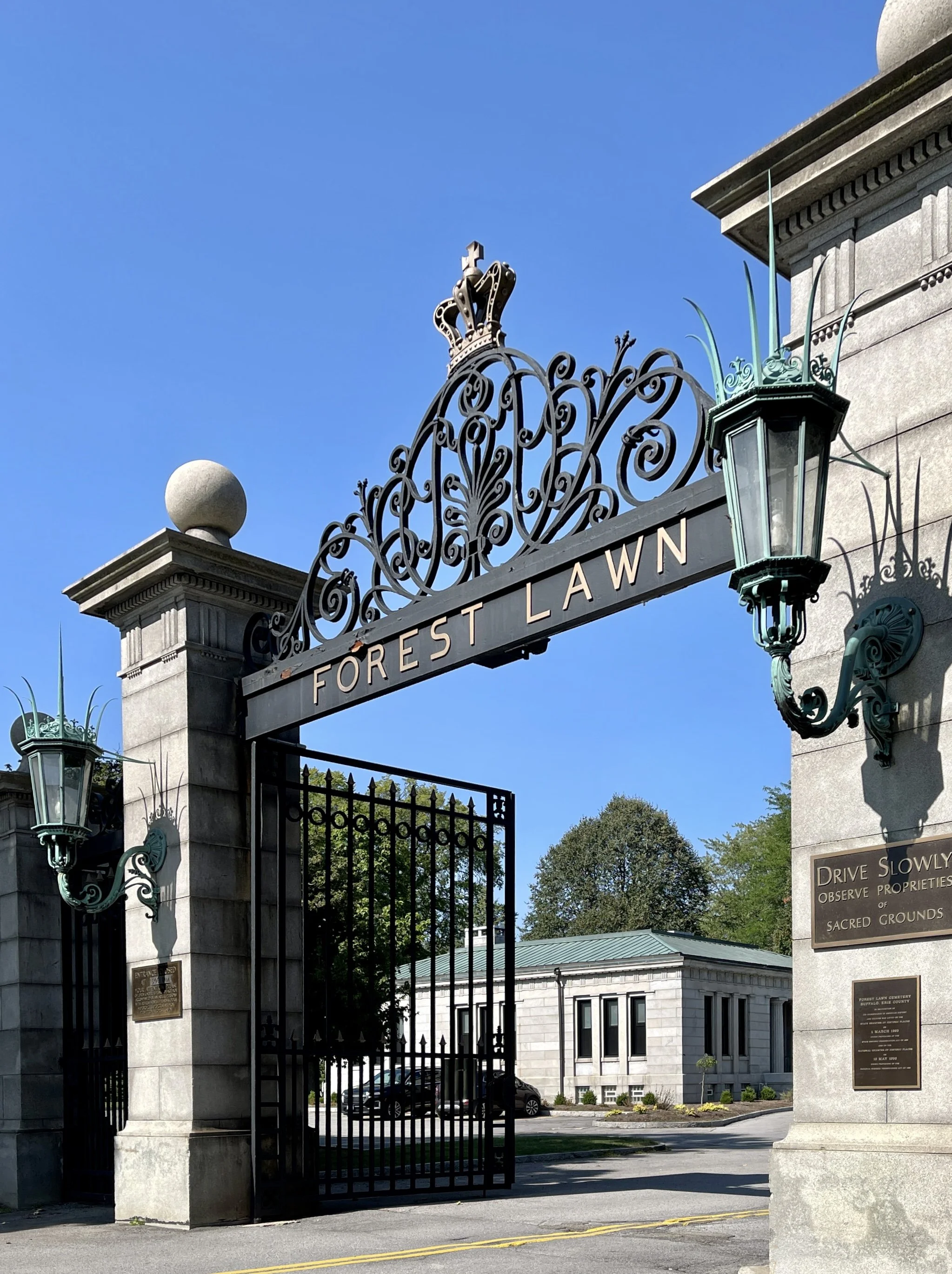 The gate at one of the entrances to Forest Lawn Cemetery in Buffalo, New York