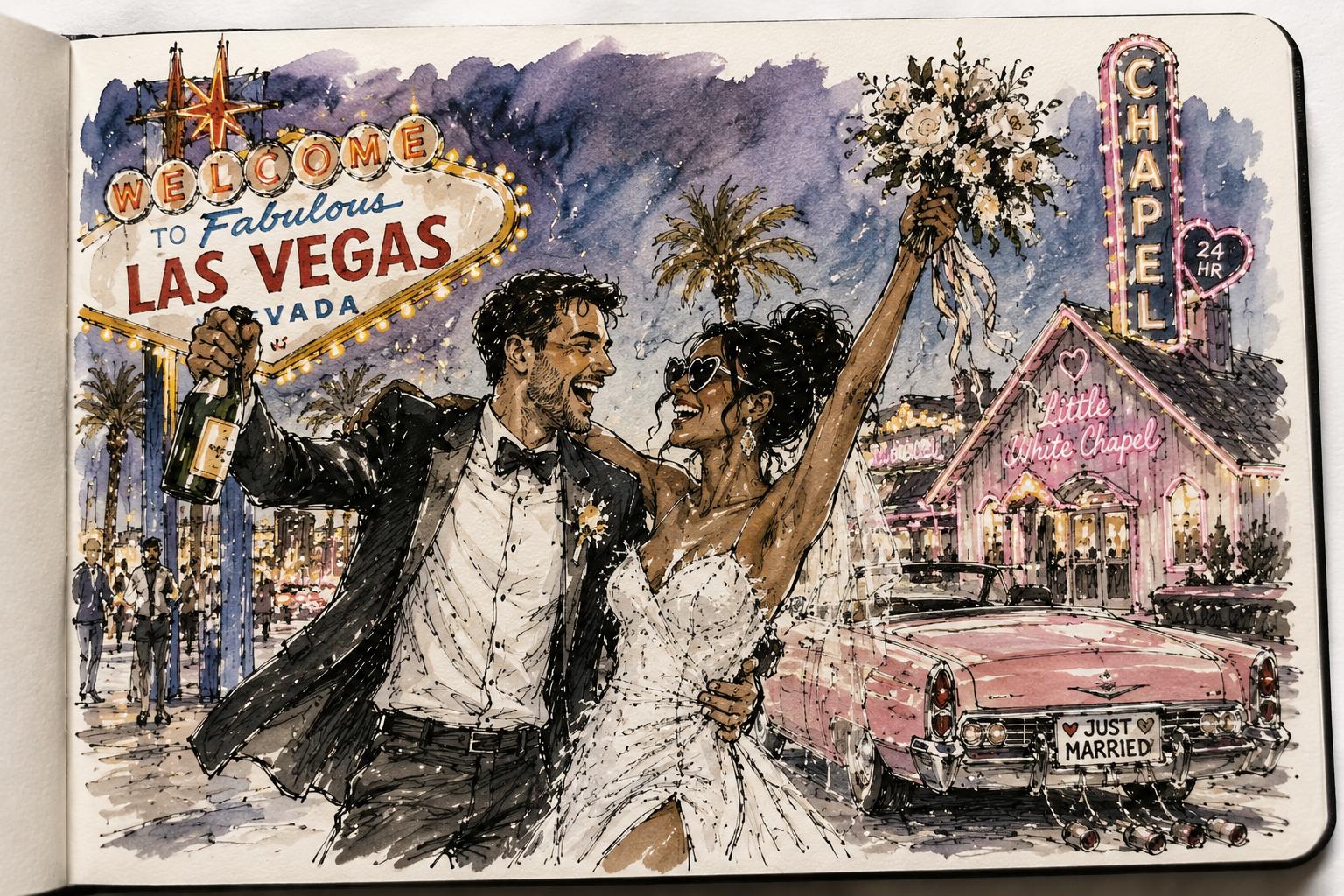 Newlyweds celebrate by neon signs, a pink convertible and a wedding chapel in Las Vegas