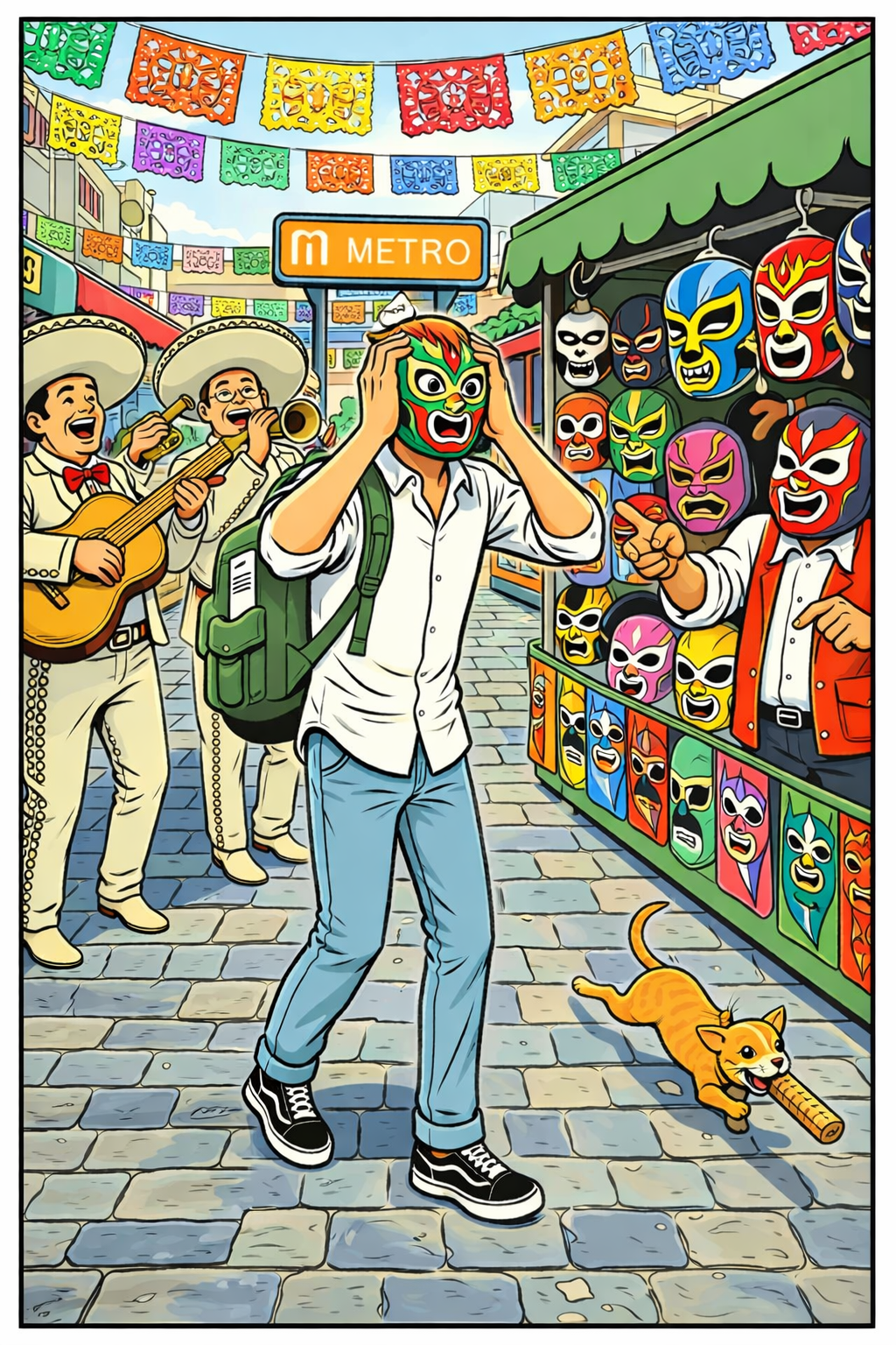 A man tries on a luchador mask by a vendor in CDMX as a dog runs by with a churro in its mouth and a mariachi band plays behind him