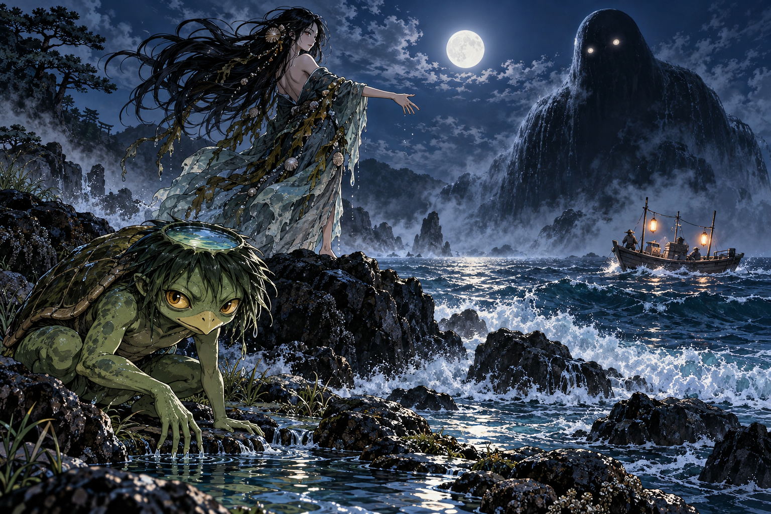 Aquatic yokai by the raging sea as a boat passes: a turtlelike kappa, a shadowy umibōzu monk, and maiden and a seductive iso-onna maiden