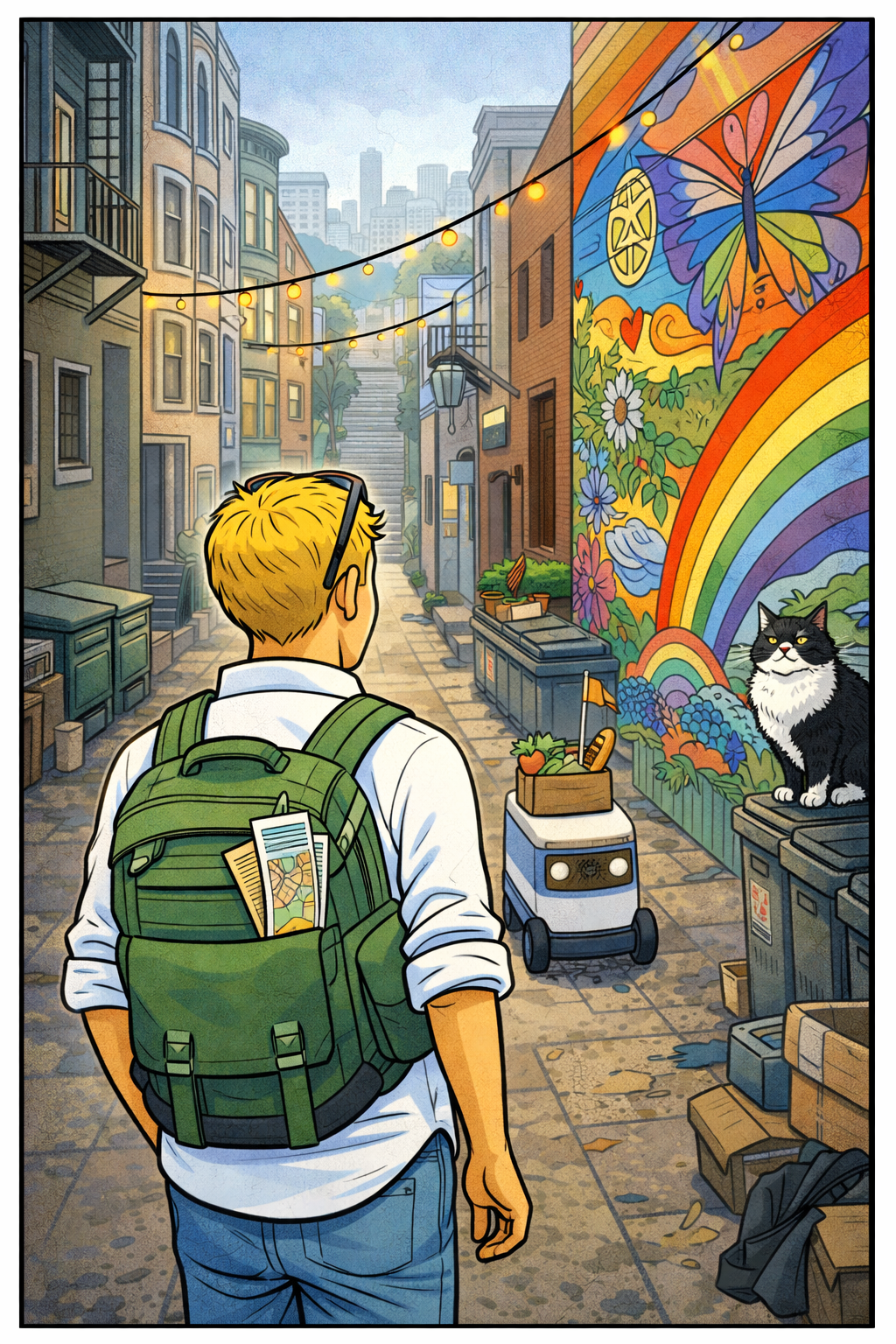 A man enters an alley in San Francisco, USA, where there's a colorful rainbow and nature mural painted on a wall, a robot delivering food, a scowling cat and a string of lights