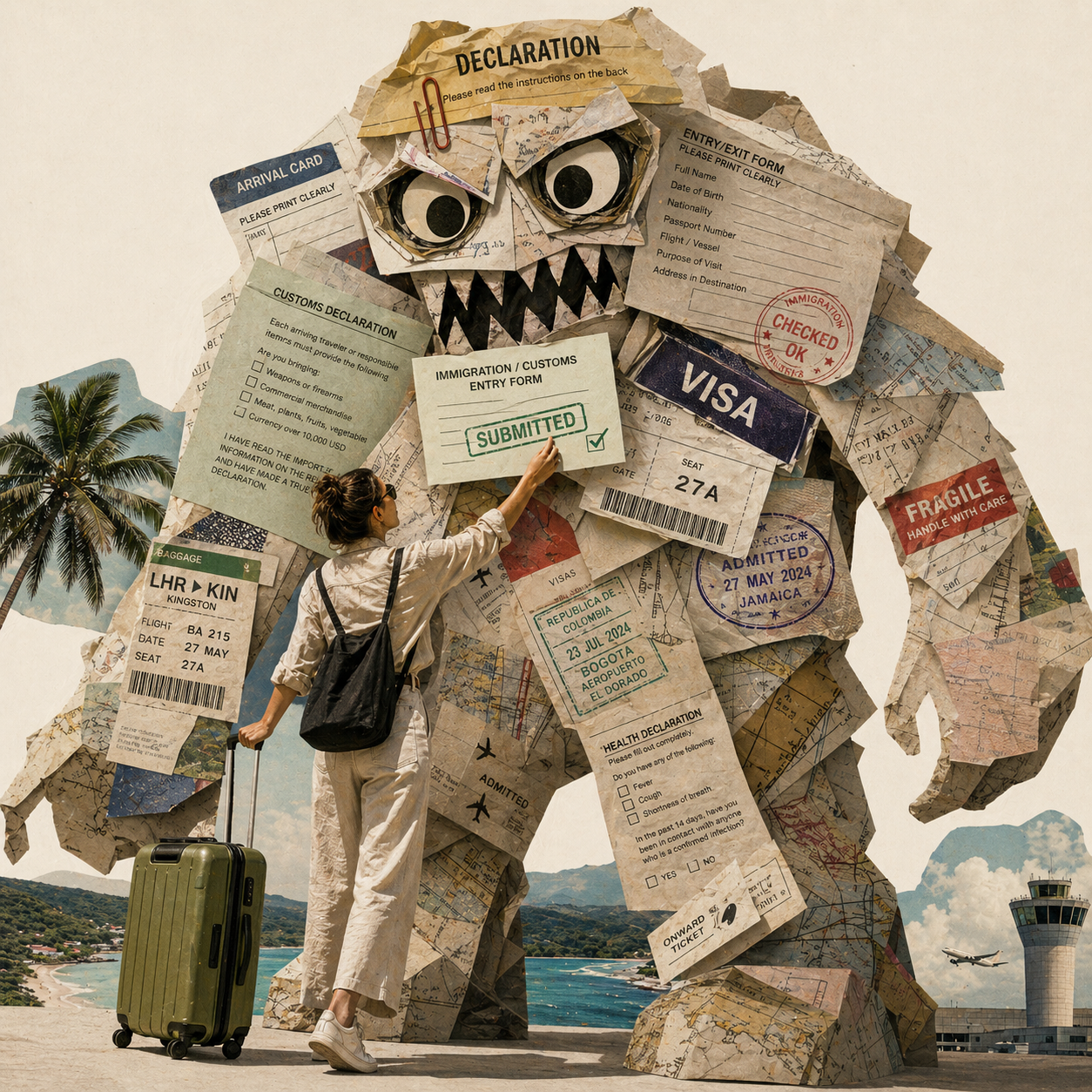 Collage of a woman with roller suitcase placing a submitted form onto a monster made of travel documents