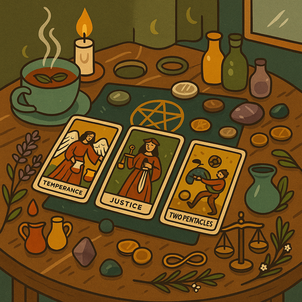 A table laid out with three tarot cards—Temperance, Justice and the Two of Pentacles—with coins, stones, bottles, a candle, a balance, herbs and a steaming cup of tea