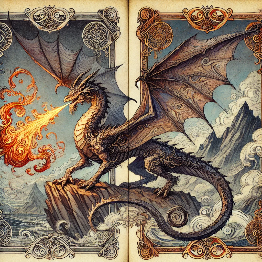 A fire-breathing dragon stands on a craggy mountain peak