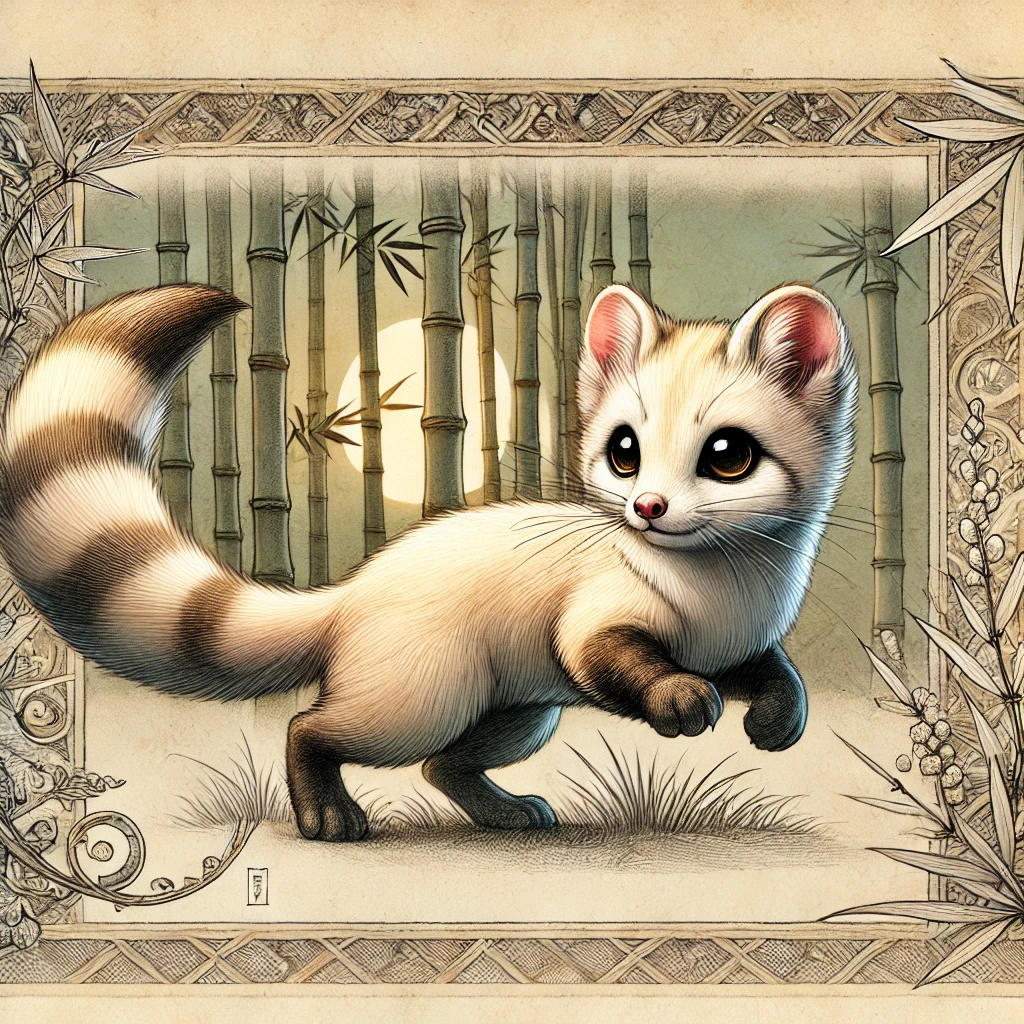An adorable, mischievous weasel-like creature called a kanko, in a bamboo forest