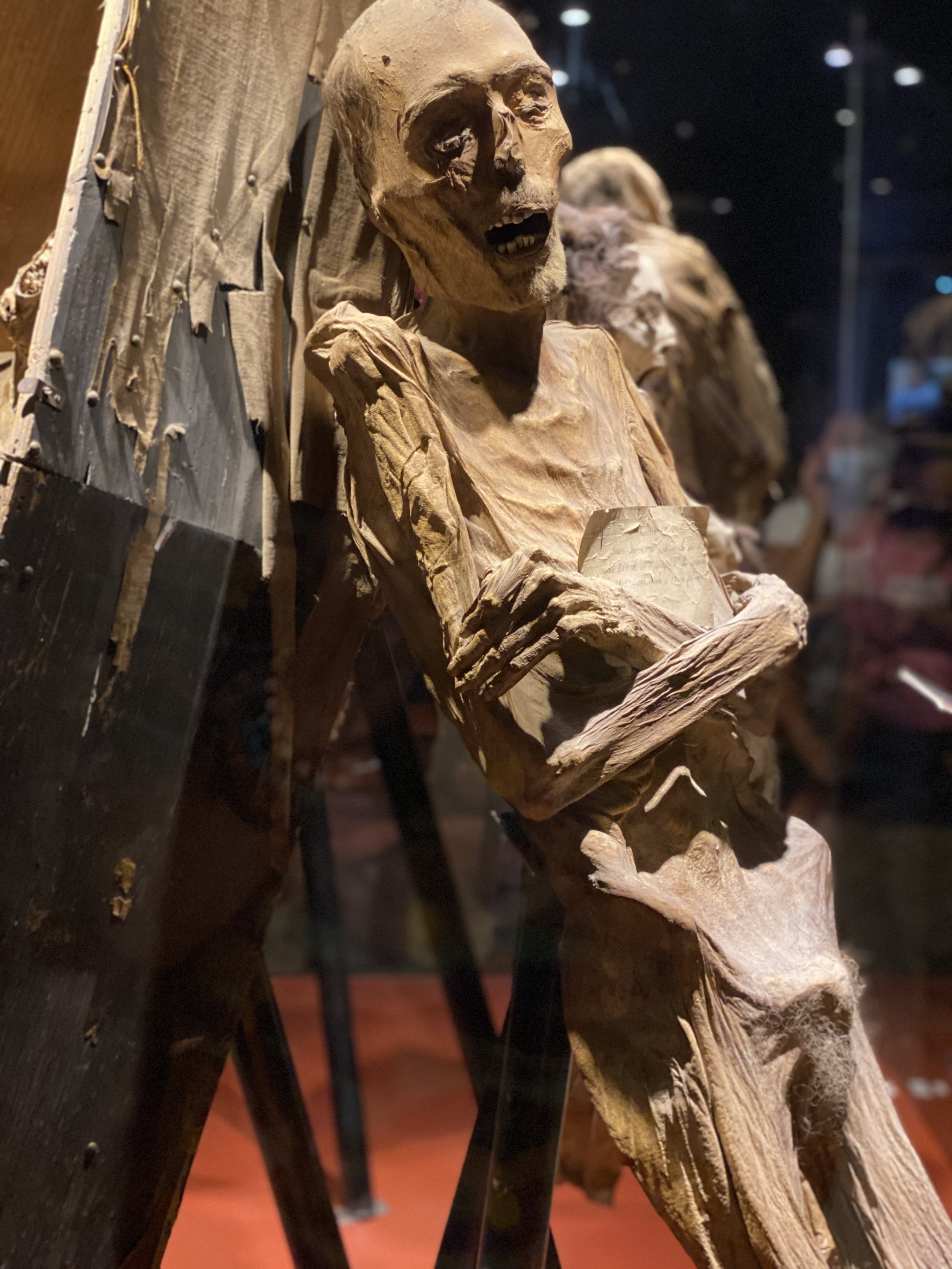 Leaning mummy with crossed arms and white pubes at the Mummy Museum of Guanajuato