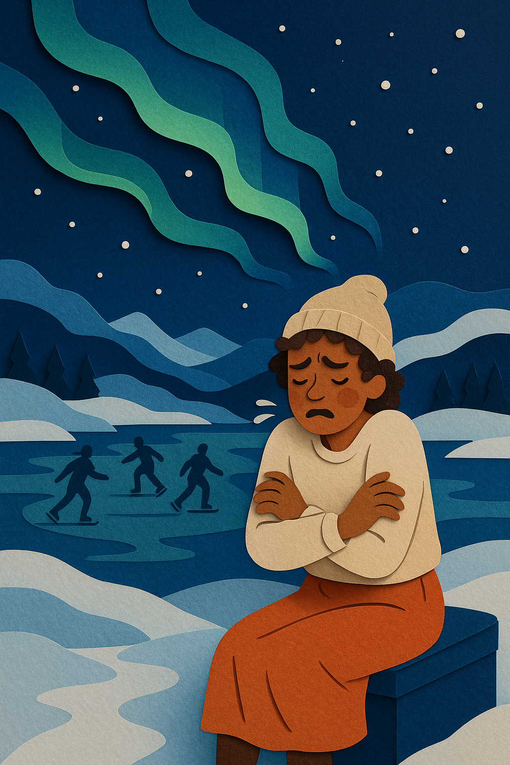 A young person is uncomfortably cold because they didn't pack right, sitting with arms around themselves as people skate in the background under the Northern Lights