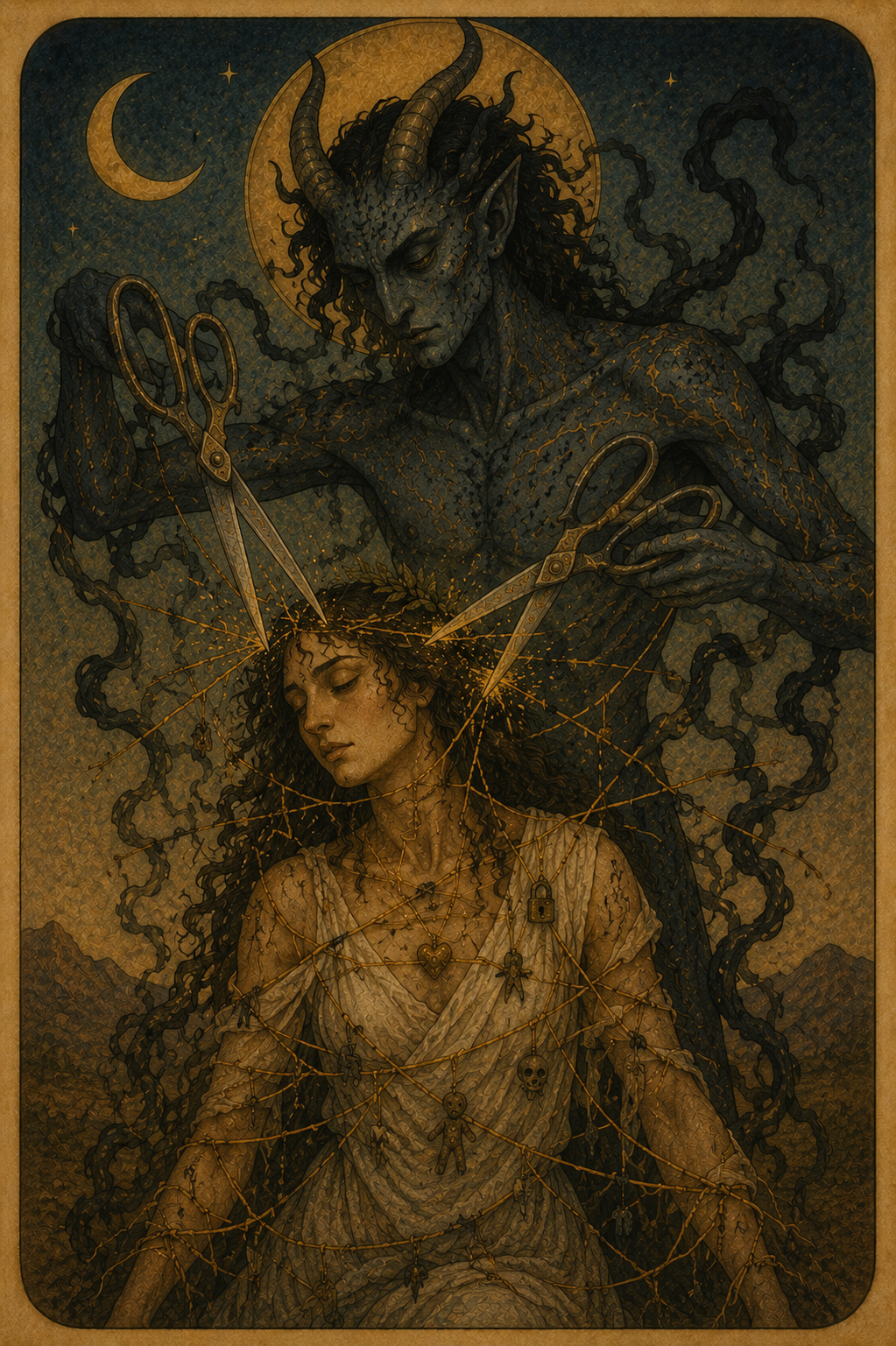 A blue-skinned demon with horns casts a Lammas spell, using two pairs of scissors to cut golden threads over a woman whose bound with rope and charms