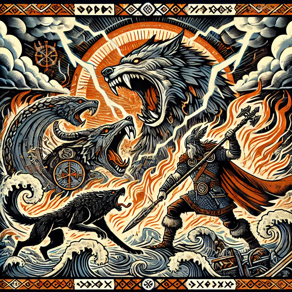 The Norse gods battle monsters, including giant wolves and serpents during Ragnarök, the end of the world