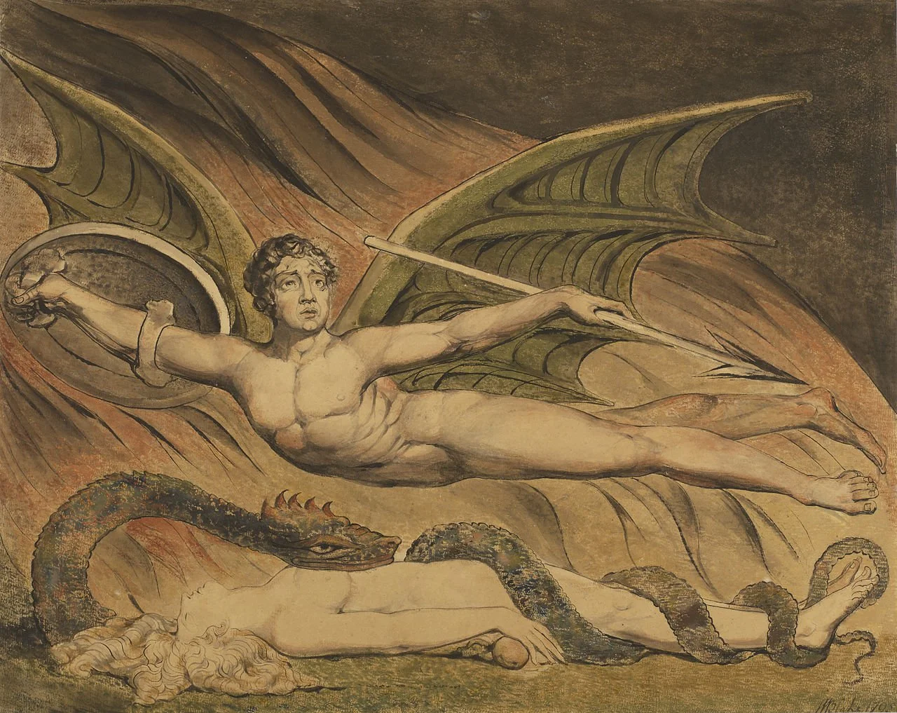Satan Exulting Over Eve, a painting of a well-muscled man with a shield, spear and dragonlike wings flying over a naked Eve, wrapped in a giant snake, by William Blake