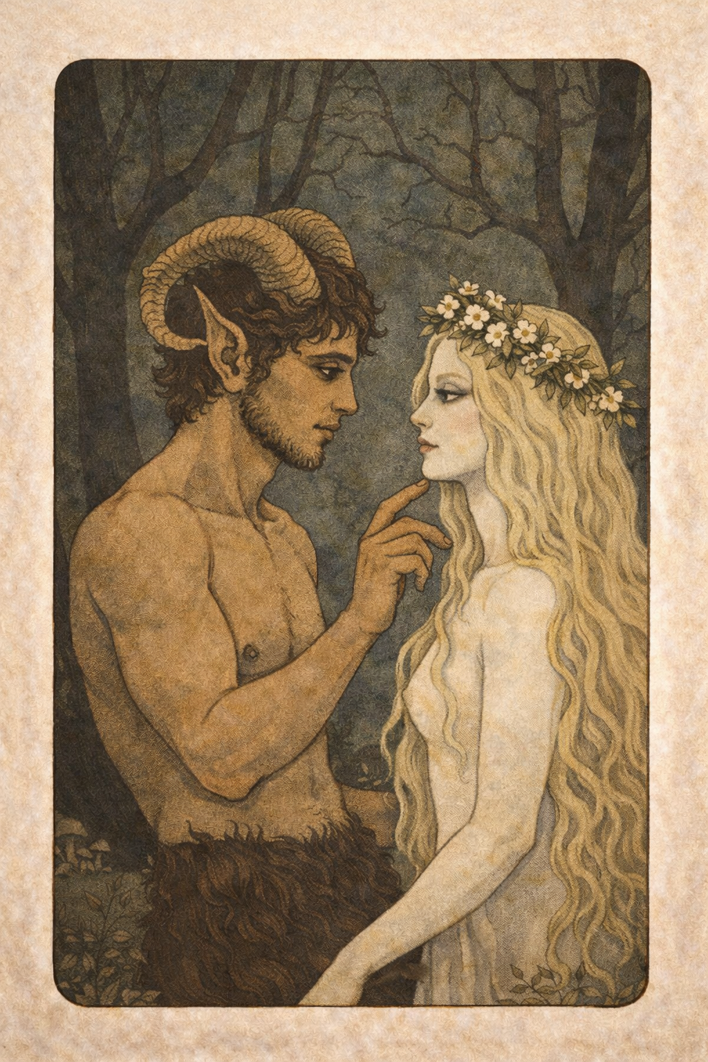 A faun touches the chin of a nymph in the forest