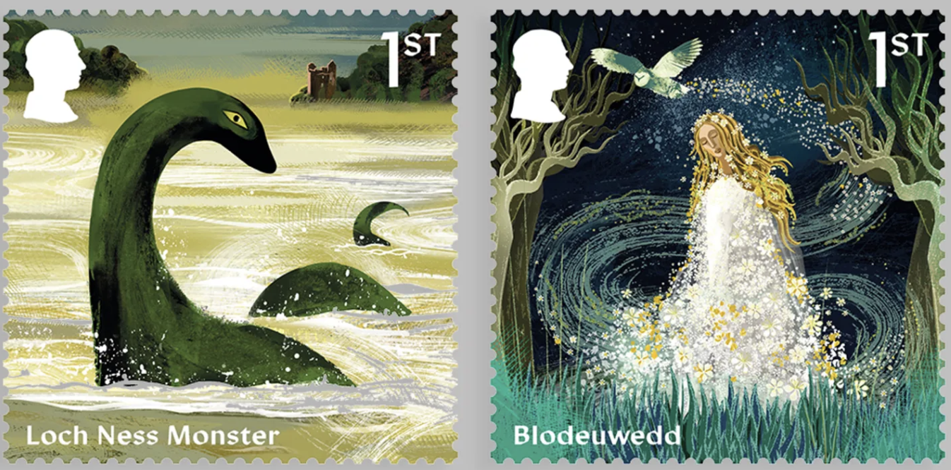 The Loch Ness Monster and Blodeuwedd from the Royal Mail’s Myths and Legends stamp series