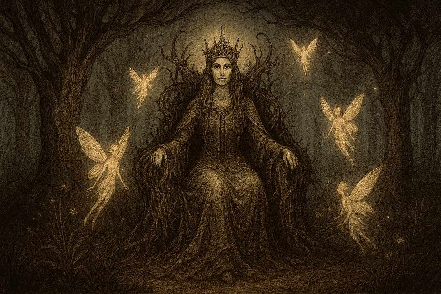 The Fae queen of the Seelie Court sits on her wooden throne, while smaller glowing fairies fly around her
