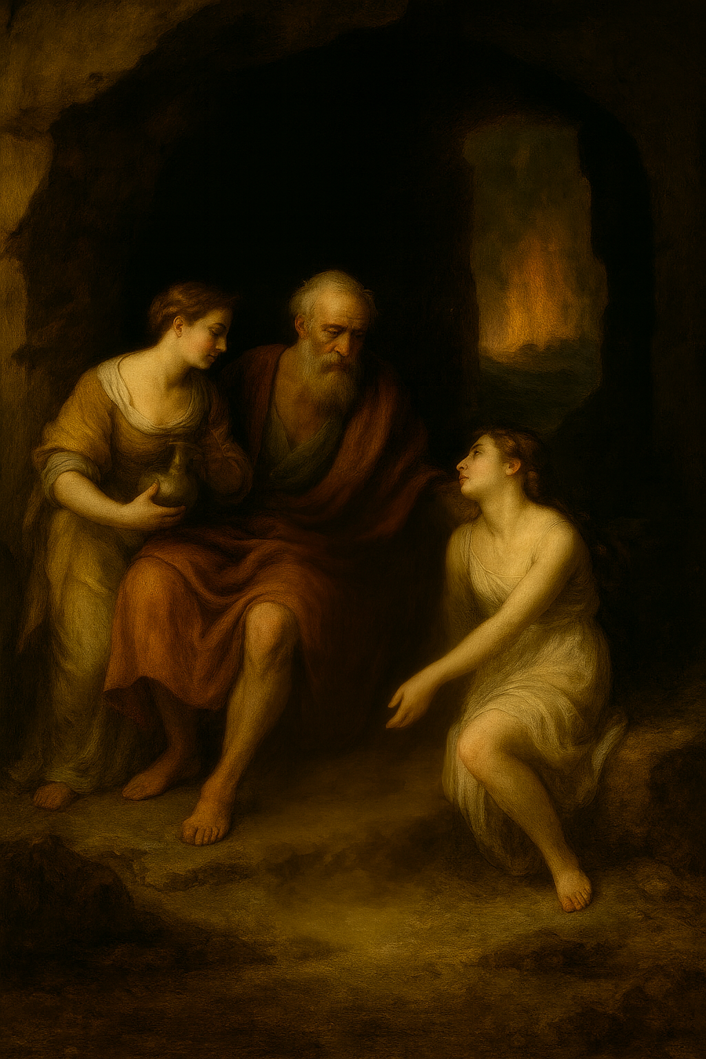 In a cave, Lot's two young daughters offer their dad wine to get him drunk to have sex with him