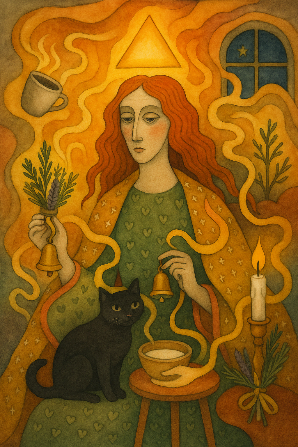 A woman casts an Imbolc spell with her black cat, herbs, a bell and a mug as magic swirls around her in her home