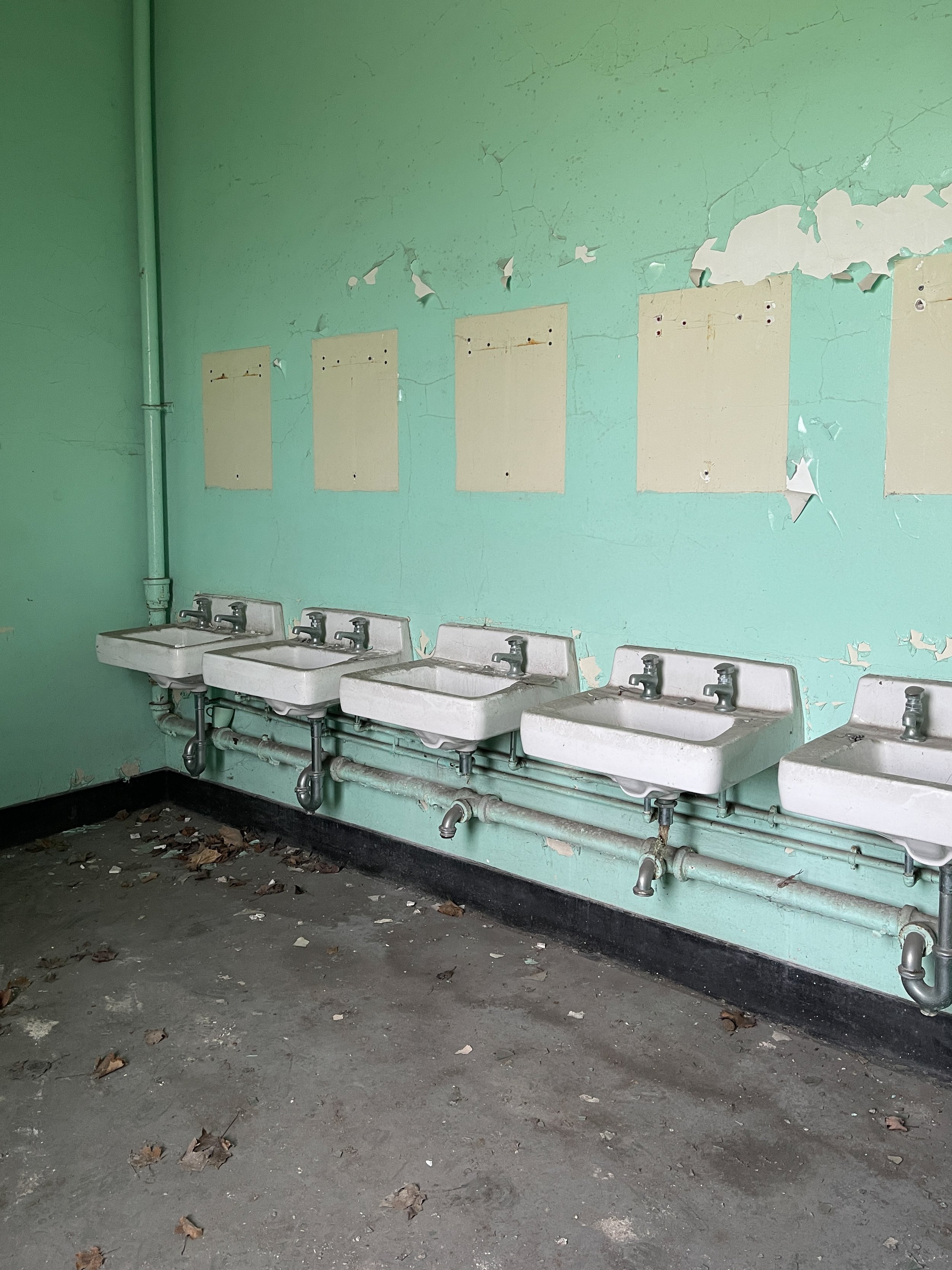 Row of sinks and squares where mirrors once were in green bathroom in the abandoned Buffalo State Asylum