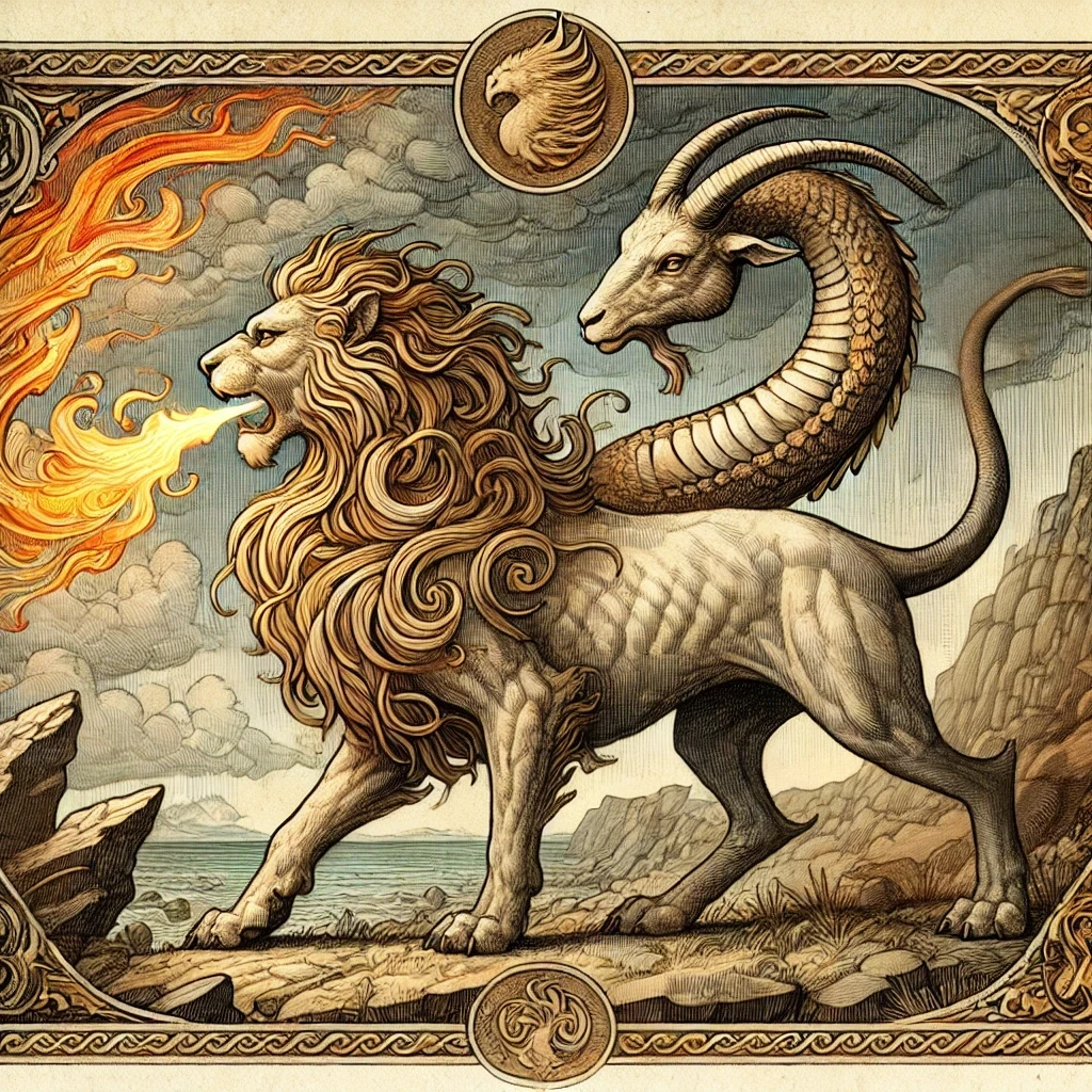 A chimera, with a fire-breathing lion's head, a goat's head rising from its back, and a snake tail