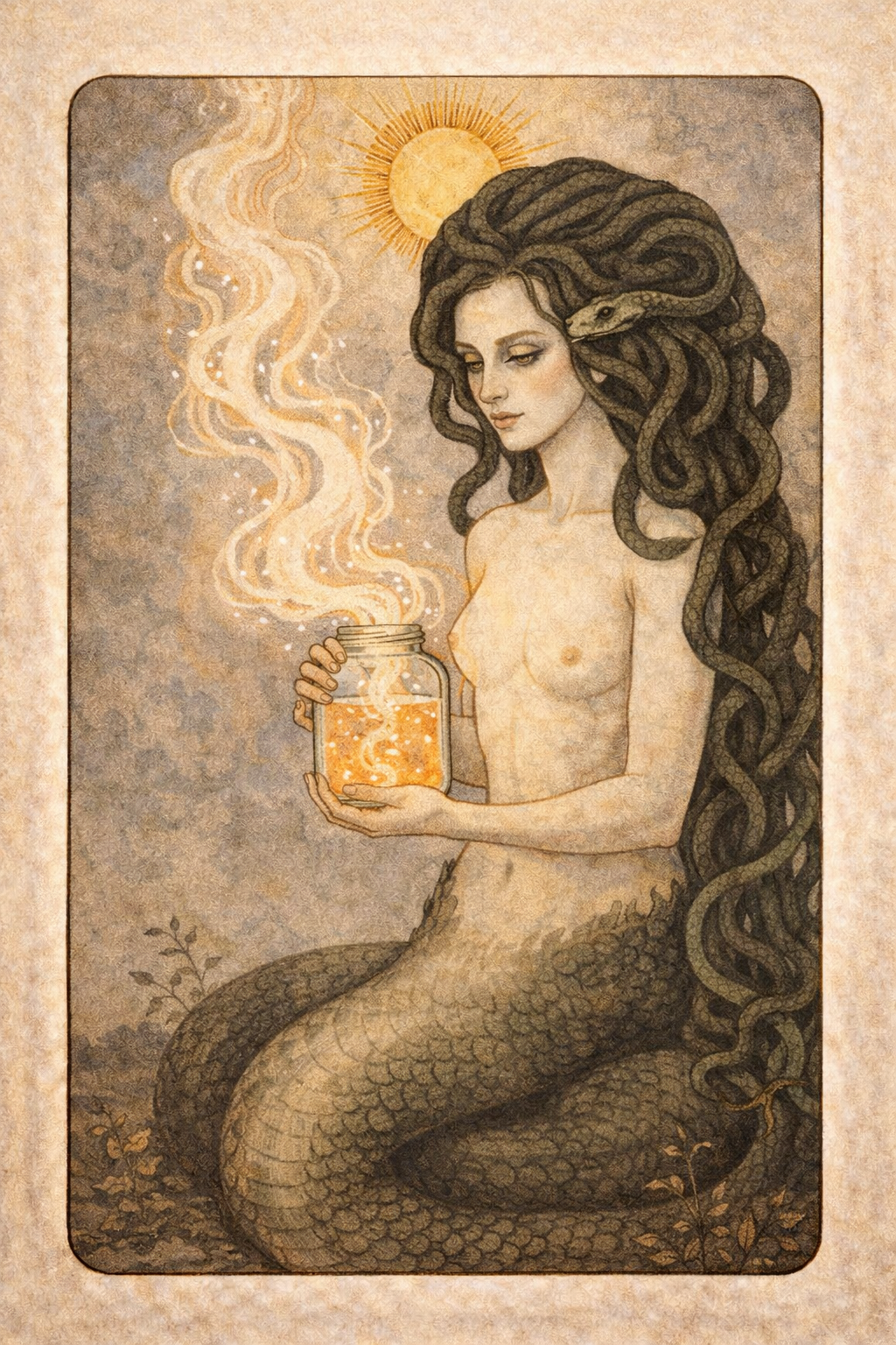 A gorgon holds a jar full of stored energy as part of a Litha spell