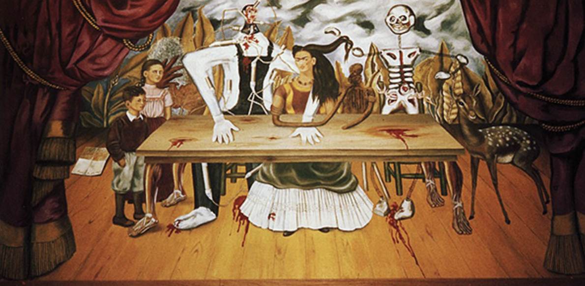 The Wounded Table by Frida Kahlo, a painting with Frida seated at a table with her hair lifted and a giant skeleton, children, a deer, blood spatterings and a giant with a tiny head