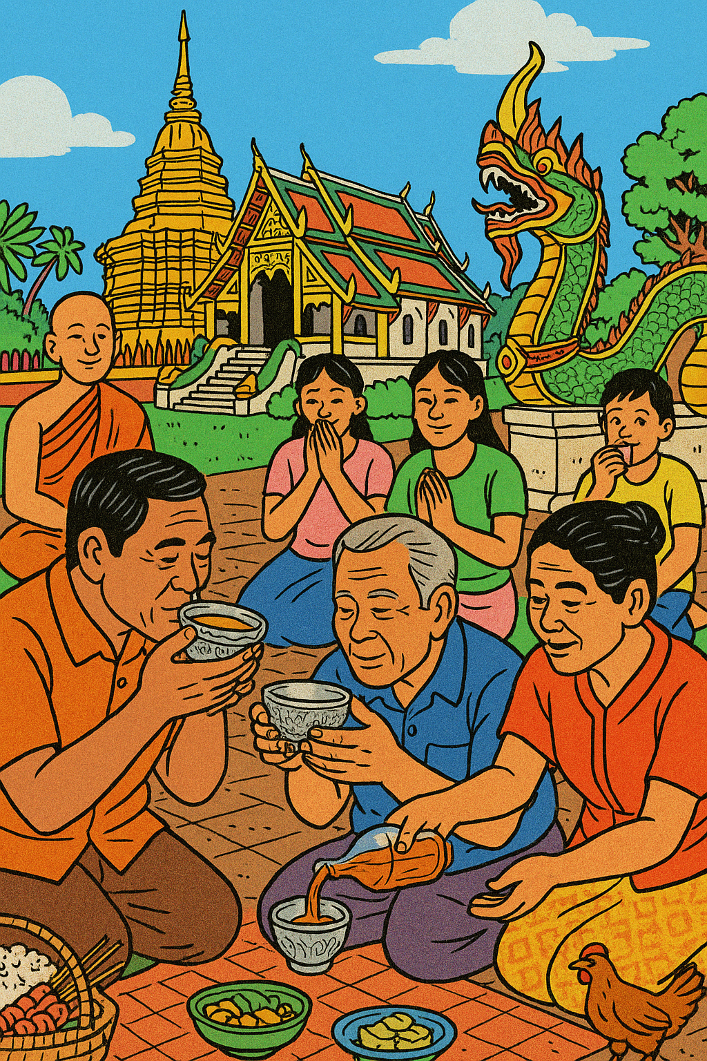 In front of a Thai temple and naga, people drink from silver bowls, while others, including a monk, watch