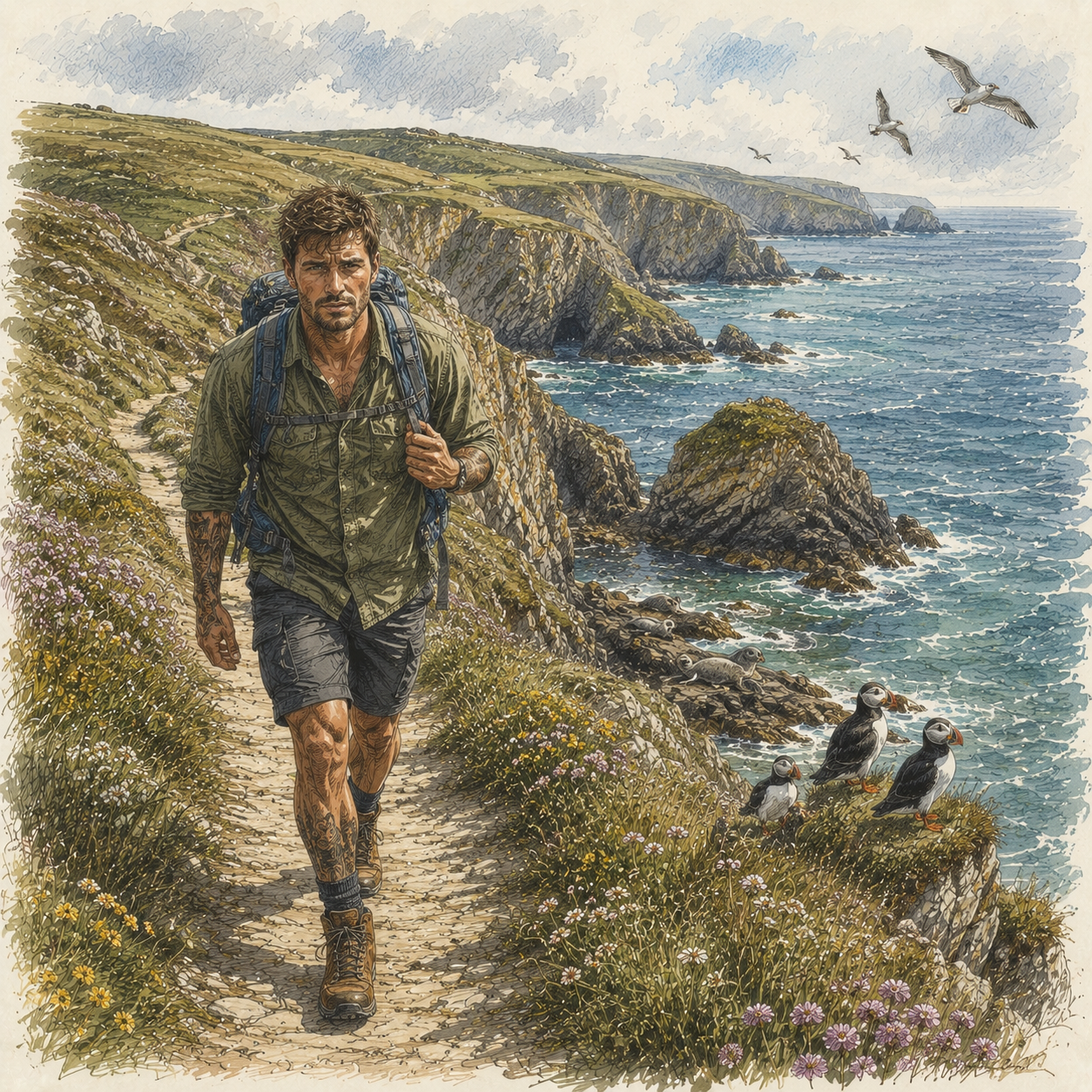 A ruggedly handsome man walks along Pembrokeshire Coast Path by puffins and seagulls