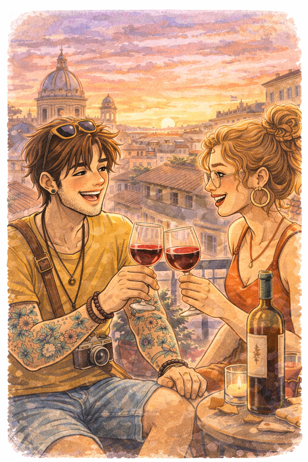 Two people sit on a balcony in Rome at sunset, cheersing their red wine glasses