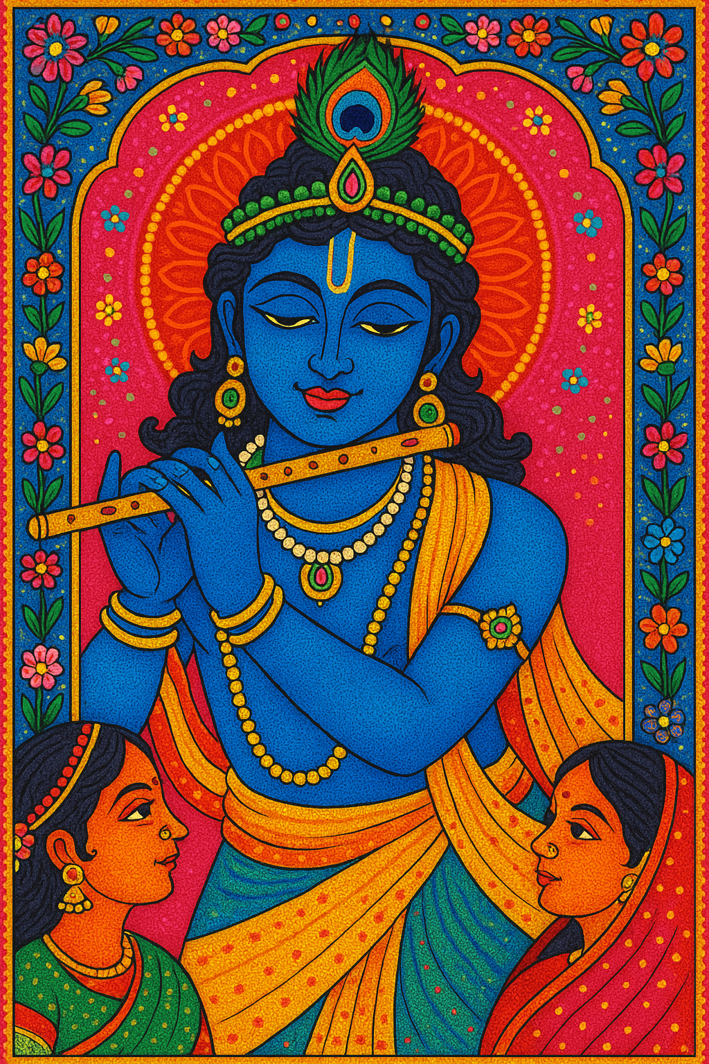 Dreamy-eyed, blue-skinned Hindu avatar Krishna plays his pipe while female cowherds look on