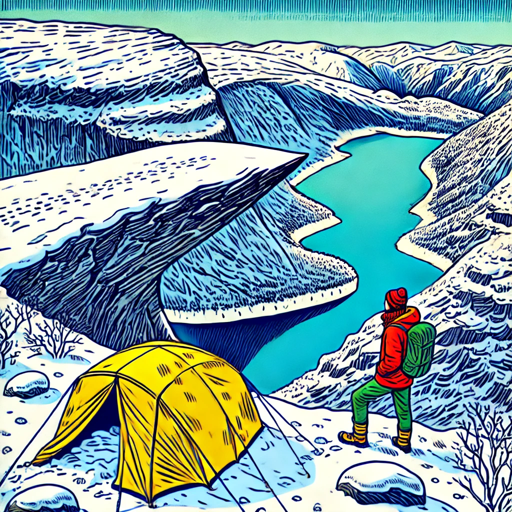 A person stands by a yellow tent by a fjord in Trolltunga, Norway