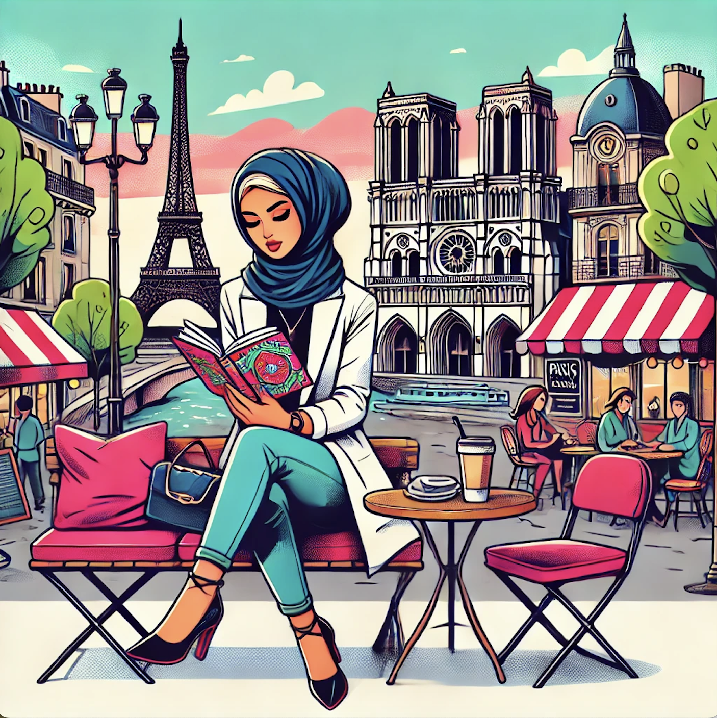 Illustration of fashionable woman in headscarf reading in Paris