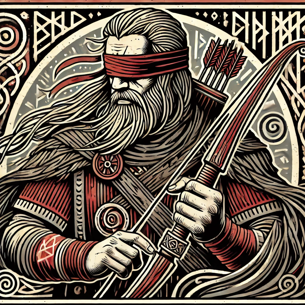The blindfolded and blind Norse god Hodr, holding his bow